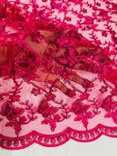 Metallic Floral Butterfly Fabric - Fuchsia - Embroidered Floral Butterfly Design Mesh Fabric by Yard