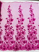 3D Floral Design - Fuchsia - Flowers Embroidered and Beaded With Pearls On a Mesh Lace