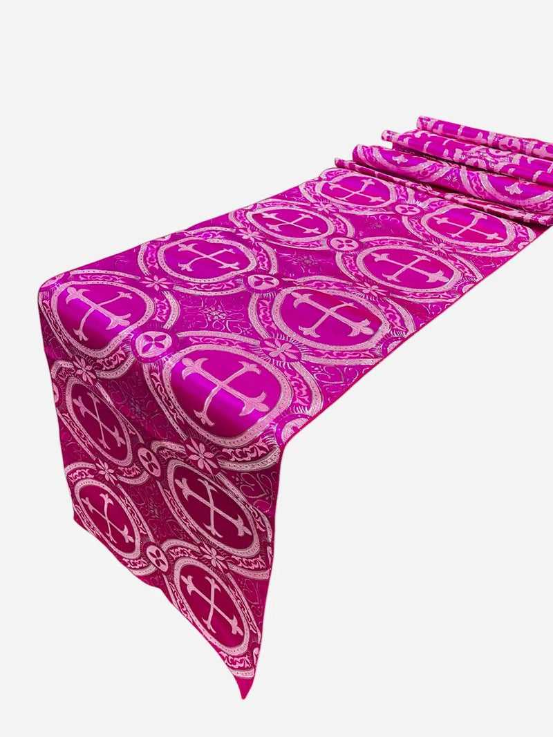 Cross Print Brocade Table Runners - Jacquard Religious Print Church Fabric Tablecloth Runners