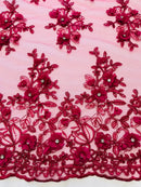 3D Floral Fabric - Fuchsia - Embroidered Flower with Rhinestone and Sequins Fabric Sold By Yard
