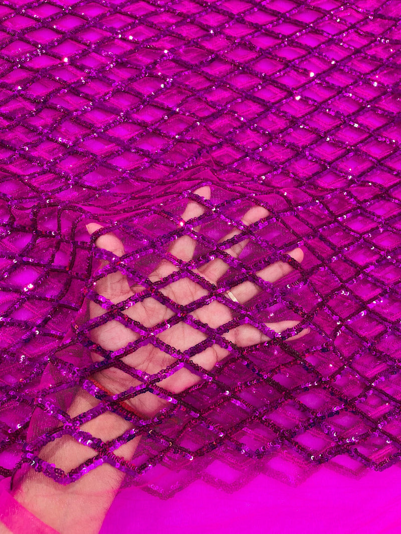 Diamond Net Sequins Fabric - Fuchsia - Geometric Diamond Net Design on Mesh Lace Fabric By Yard