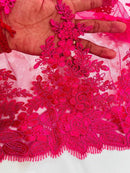 Flower 3D Corded Fabric - Fuchsia - Lace Mesh Fabric Embroidered Floral Design by Yard
