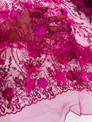 Flower 3D Glitter Fabric - Fuchsia - Embroidered Floral Sequins Design Fabric by Yard
