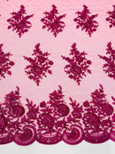 Flower Lace Sequins Fabric - Fuchsia - Embroidered Floral Pattern Fabric with Sequins on Lace By Yard