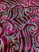 Tribal Swirl Design Spandex - Fuchsia - 4 Way Stretch Milliskin Holographic Fabric by Yard