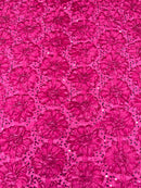 Sequins Satin Rosette Fabric - Fuchsia - 3D Satin Rose Sequins Floral Fabric Sold By The Yard