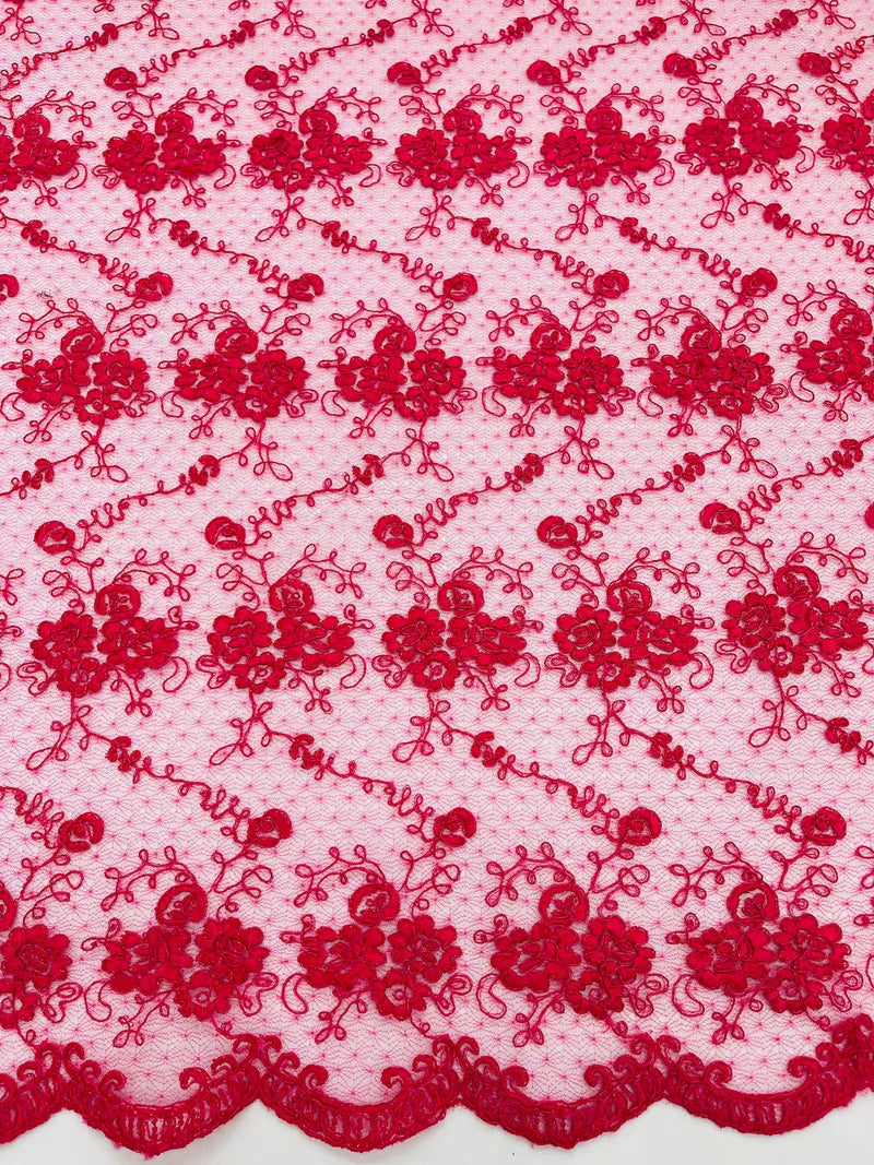 Jasmine Flower Fabric - Fuchsia - Embroidered Floral Design Lace Mesh Bridal Fabric By Yard