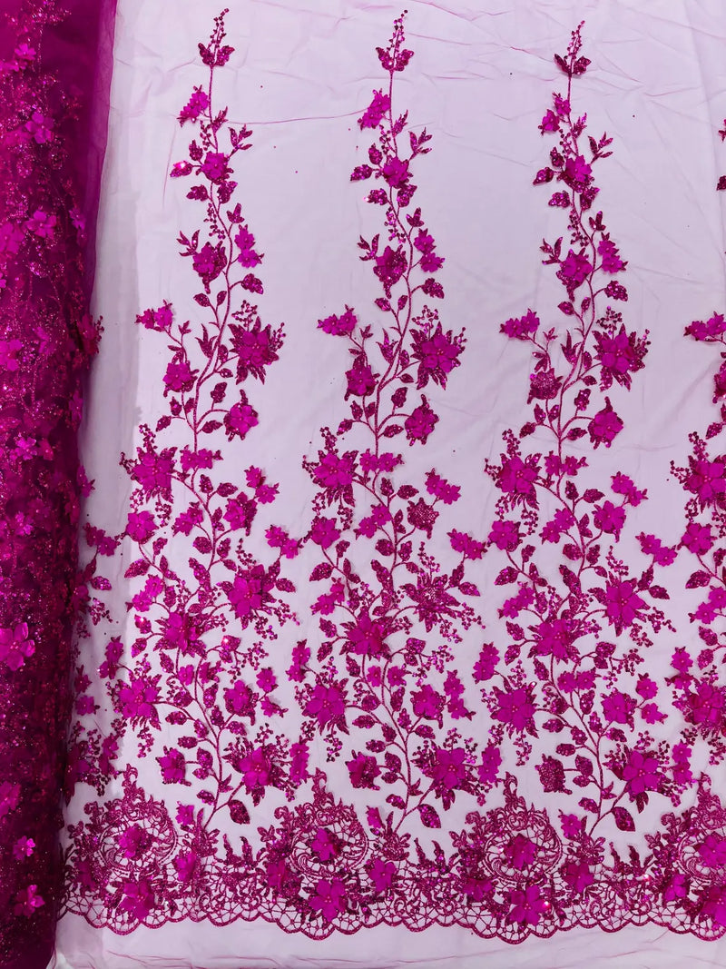 3D Glitter Floral Fabric - Fuchsia - Glitter Sequin Flower Design on Lace Mesh Fabric by Yard