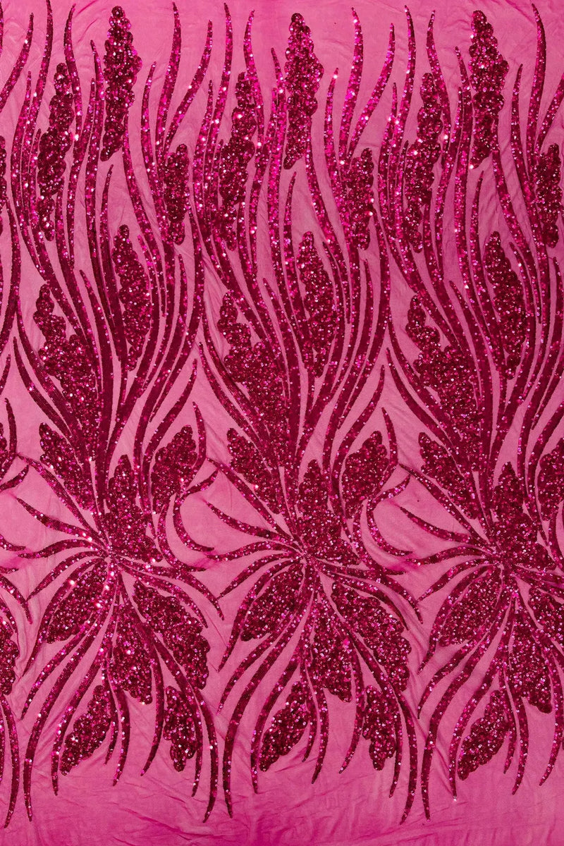 Wavy Leaf Design Fabric - Fuchsia - 4 Way Stretch Sequins Lace Mesh Leaf Design Fabric by Yard