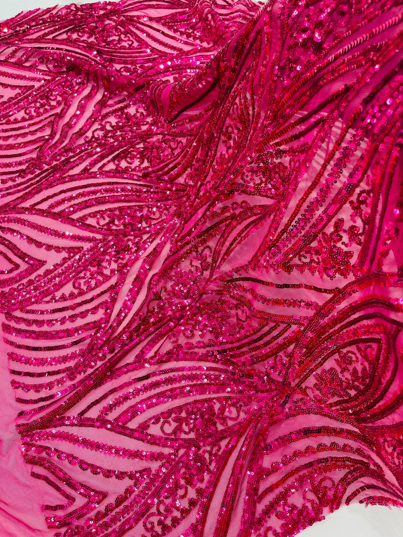 Curvy Design Sequins Fabric - Fuchsia - 4 Way Stretch Curvy Sequins Design Mesh Fabric by Yard