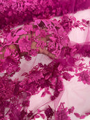 3D Floral Design - Fuchsia - Flowers Embroidered and Beaded With Pearls On a Mesh Lace