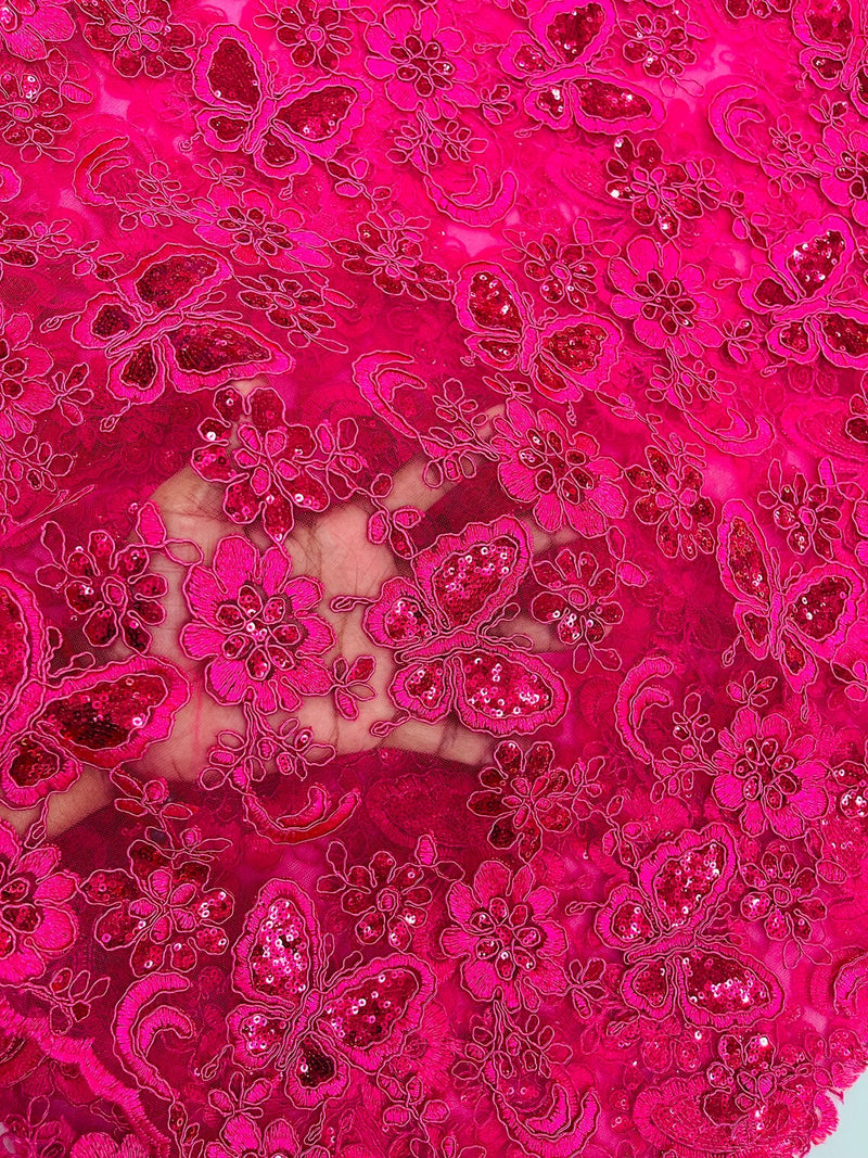 Butterfly Floral Lace Fabric - Fuchsia - Butterfly Flower Metallic Design on Lace Fabric By Yard