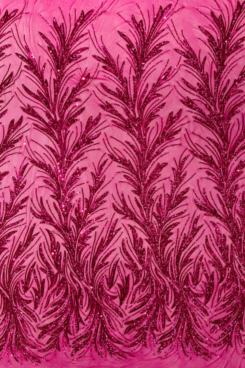 Leaf Stretch Sequins Fabric - Fuchsia - 4 Way Stretch Sequins on Lace Mesh Fabric by Yard