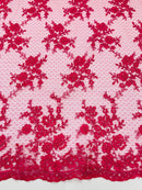 Floral Cluster Corded Fabric - Fuchsia - Fancy Flower Embroidery Lace Mesh Fabric By Yard