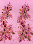 Peacock Feathers Design Lace - Fuchsia - Embroidered Multi-Color Peacock Lace Fabric Sold by Panel