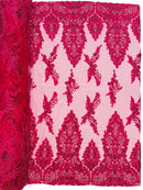 Beaded Floral Fabric - Fuchsia - Luxury Bridal Floral Pattern Fabric With Beads, Sequins Sold By Yard