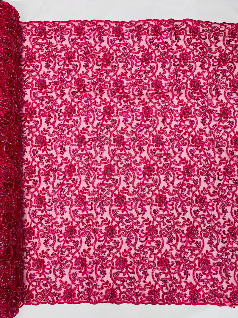 Embroidery Beaded Fabric - Fuchsia - Beaded Floral Bridal Embroidery Fabric Sold by the yard