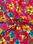 Hawaiian Floral Print Fabric - Fuchsia - 45" Hibiscus Tropical Flower Cotton Fabric by Yard