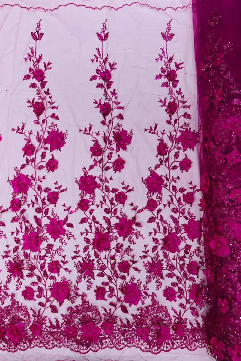 Big Flower 3D Glitter Fabric - Fuchsia - Embroidered Floral Sequins Design Fabric by Yard