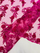 3D Floral Cluster with Border Lace - Fuchsia - Flower with Leaves Design 3D Fabrics Sold By Yard