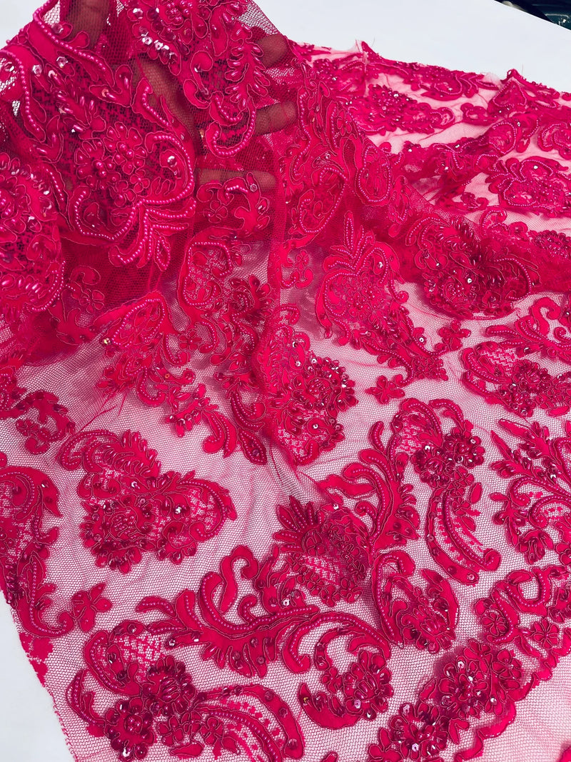 My Lady Beaded Fabric - Fuchsia - Damask Beaded Sequins Embroidered Fabric By Yard