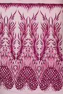 Beaded Embroidered Fabric - Fuchsia - Embroidered Heart and Feather Pattern Fabric Sold By Yard