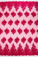 Flower 3D Corded Fabric - Fuchsia - Lace Mesh Fabric Embroidered Floral Design by Yard