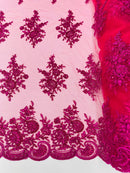 Flower Lace Sequins Fabric - Fuchsia - Embroidered Floral Pattern Fabric with Sequins on Lace By Yard