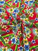 Hawaiian Floral Print Fabric - Fuchsia - 45" Plumeria Tropical Flower Cotton Fabric by Yard