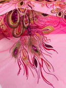 Peacock Feathers Design Lace - Fuchsia - Embroidered Multi-Color Peacock Lace Fabric Sold by Panel