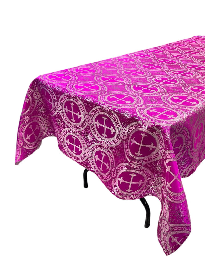 Cross Print Brocade Tablecloth - Jacquard Religious Print Church Fabric Table Covers