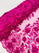 3D Floral Design - Fuchsia - Flowers Embroidered and Beaded With Pearls On a Mesh Lace