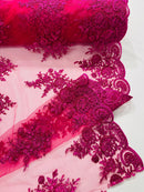 Flower Lace Sequins Fabric - Fuchsia - Embroidered Floral Pattern Fabric with Sequins on Lace By Yard