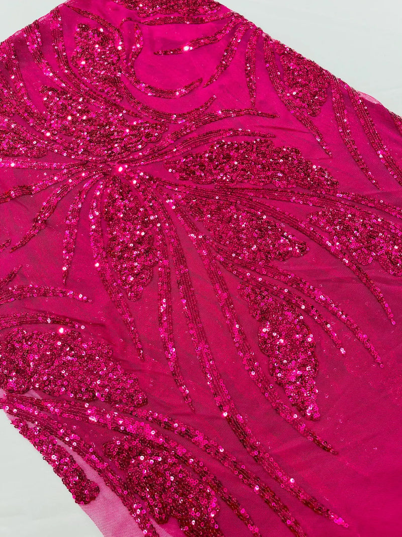 Wavy Leaf Design Fabric - Fuchsia - 4 Way Stretch Sequins Lace Mesh Leaf Design Fabric by Yard