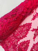 Beaded Floral Fabric - Fuchsia - Luxury Bridal Floral Pattern Fabric With Beads, Sequins Sold By Yard