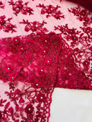 3D Floral Fabric - Fuchsia - Embroidered Flower with Rhinestone and Sequins Fabric Sold By Yard
