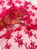 Floral Cluster Corded Fabric - Fuchsia - Fancy Flower Embroidery Lace Mesh Fabric By Yard