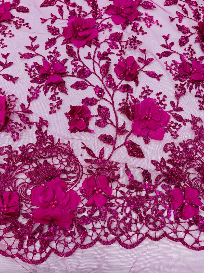 Big Flower 3D Glitter Fabric - Fuchsia - Embroidered Floral Sequins Design Fabric by Yard