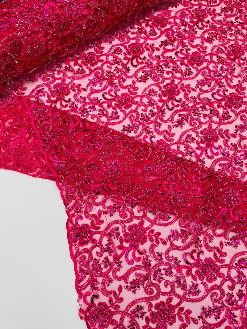 Embroidery Beaded Fabric - Fuchsia - Beaded Floral Bridal Embroidery Fabric Sold by the yard