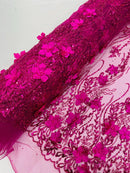Flower 3D Glitter Fabric - Fuchsia - Embroidered Floral Sequins Design Fabric by Yard