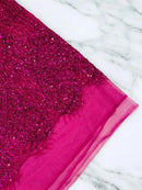 Beaded Embroidered Fabric - Fuchsia - Embroidered Heart and Feather Pattern Fabric Sold By Yard