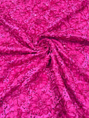 Sequins Satin Rosette Fabric - Fuchsia - 3D Satin Rose Sequins Floral Fabric Sold By The Yard