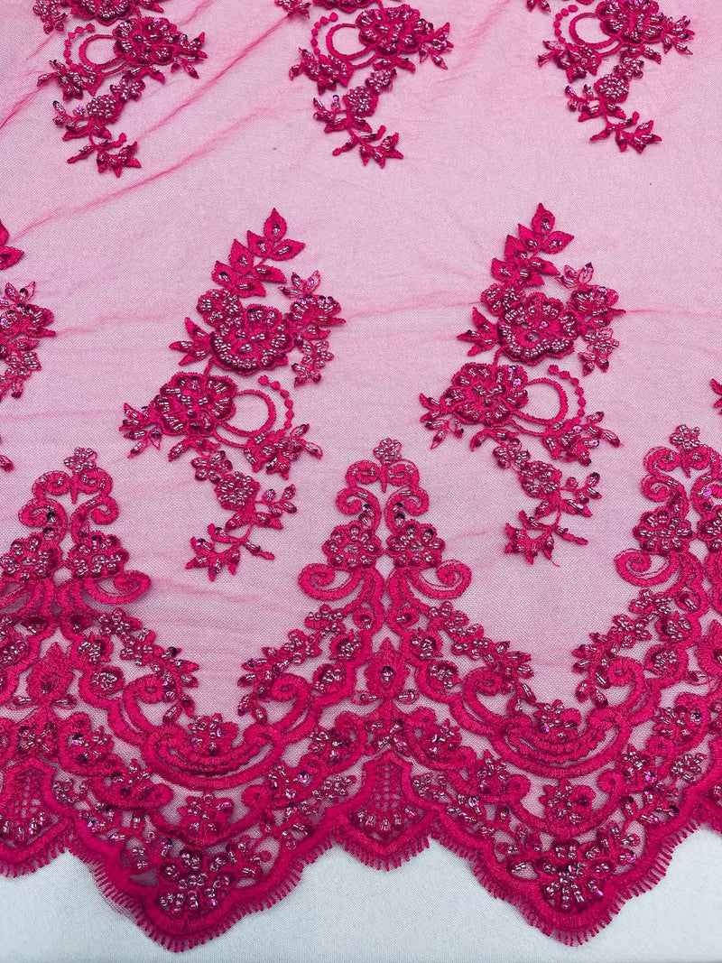 Floral Cluster Beaded Fabric - Fuchsia - Embroidered Flower Beaded Fabric Sold By Yard