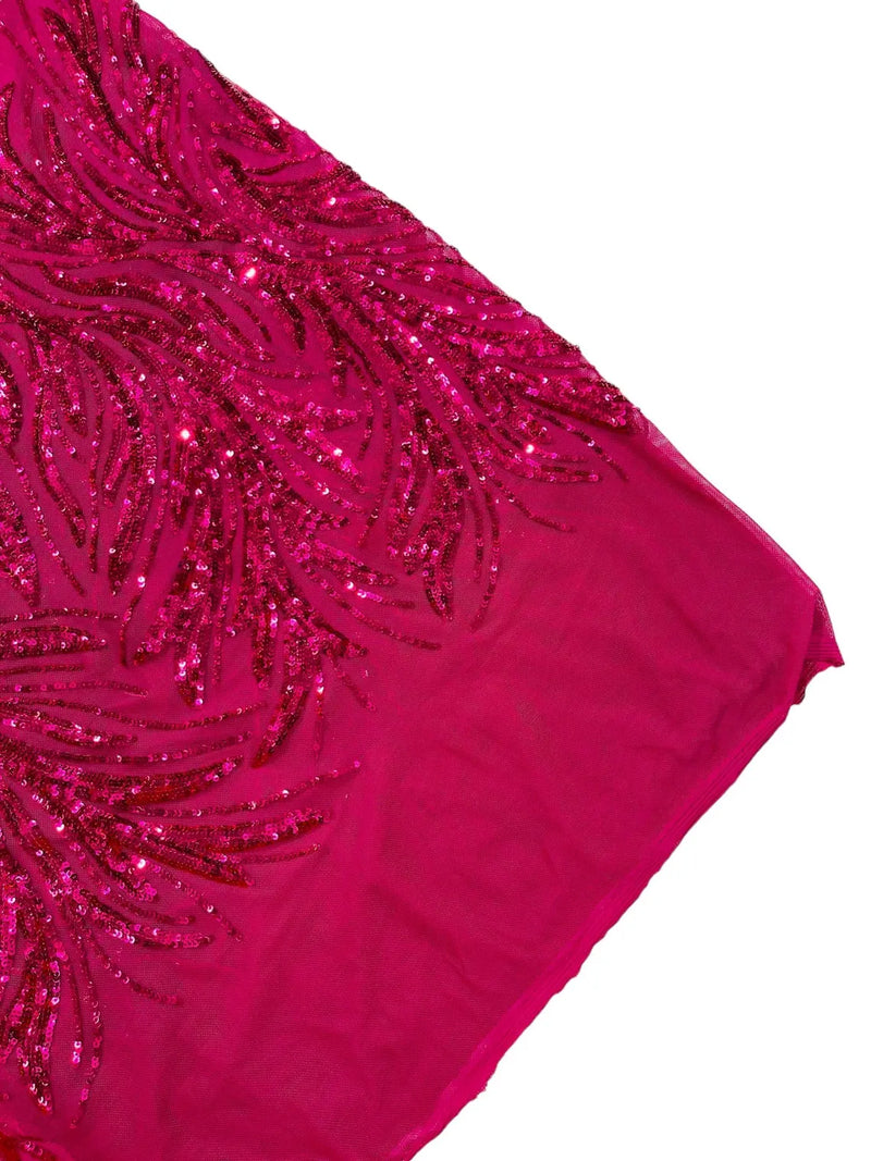 Leaf Stretch Sequins Fabric - Fuchsia - 4 Way Stretch Sequins on Lace Mesh Fabric by Yard