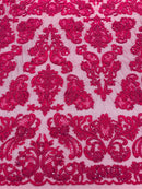 My Lady Beaded Fabric - Fuchsia - Damask Beaded Sequins Embroidered Fabric By Yard