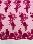 3D Floral Cluster with Border Lace - Fuchsia - Flower with Leaves Design 3D Fabrics Sold By Yard
