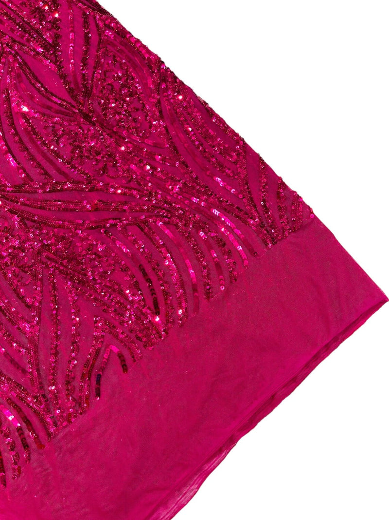 Curvy Design Sequins Fabric - Fuchsia - 4 Way Stretch Curvy Sequins Design Mesh Fabric by Yard