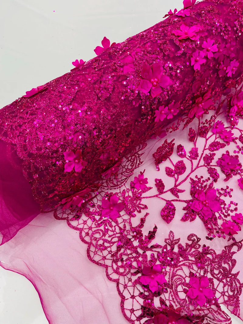 3D Glitter Floral Fabric - Fuchsia - Glitter Sequin Flower Design on Lace Mesh Fabric by Yard