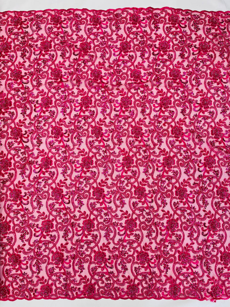 Embroidery Beaded Fabric - Fuchsia - Beaded Floral Bridal Embroidery Fabric Sold by the yard