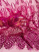 Beaded Embroidered Fabric - Fuchsia - Embroidered Heart and Feather Pattern Fabric Sold By Yard